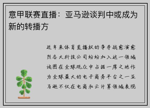 意甲联赛直播：亚马逊谈判中或成为新的转播方