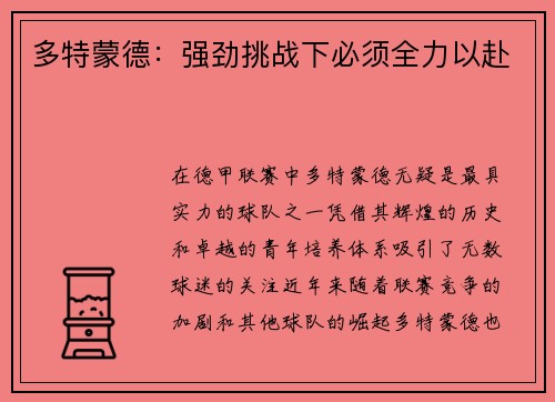 多特蒙德：强劲挑战下必须全力以赴